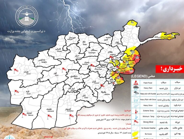 هشدار هواشناسی افغانستان؛ وقوع بارندگی و سیل در ۱۰ ولایت(۱۳ شهریور ۱۴۰۵)